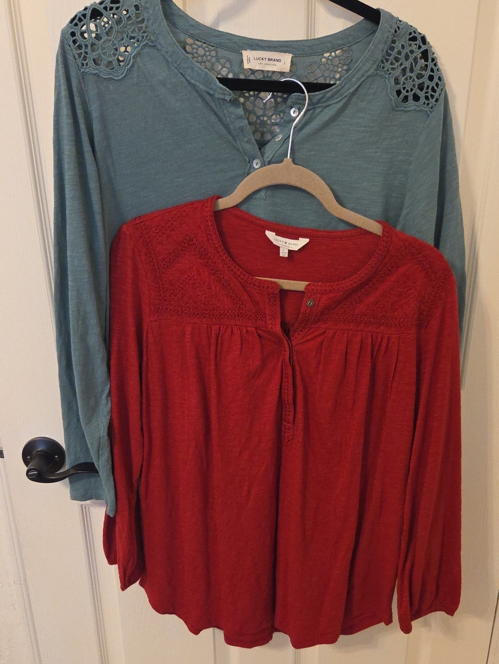 Lucky Brand Red Crochet-Yoke Long Sleeve Top